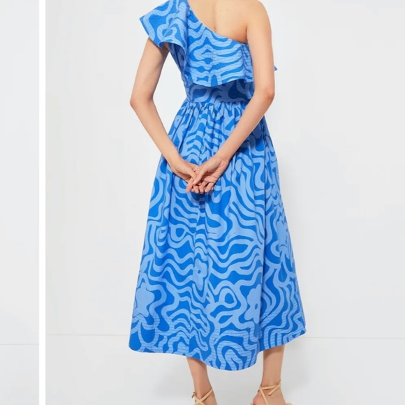 NWT Oliphant Blue Cotton Ashbury One Shoulder Ruffle midi dress M - Picture 3 of 14